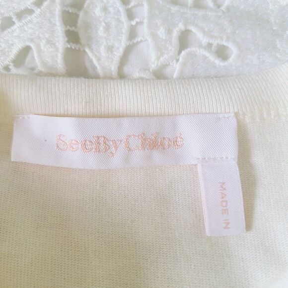 See By Chloe Shirt Dress XS Cream White Jersey Knit Lace Drawstring Long Sleeve - Picture 9 of 11